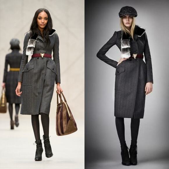 Burberry Prorsum Gray Wool Herringbone Double Breasted Mink Collar Peacoat IT 42 - Picture 1 of 15